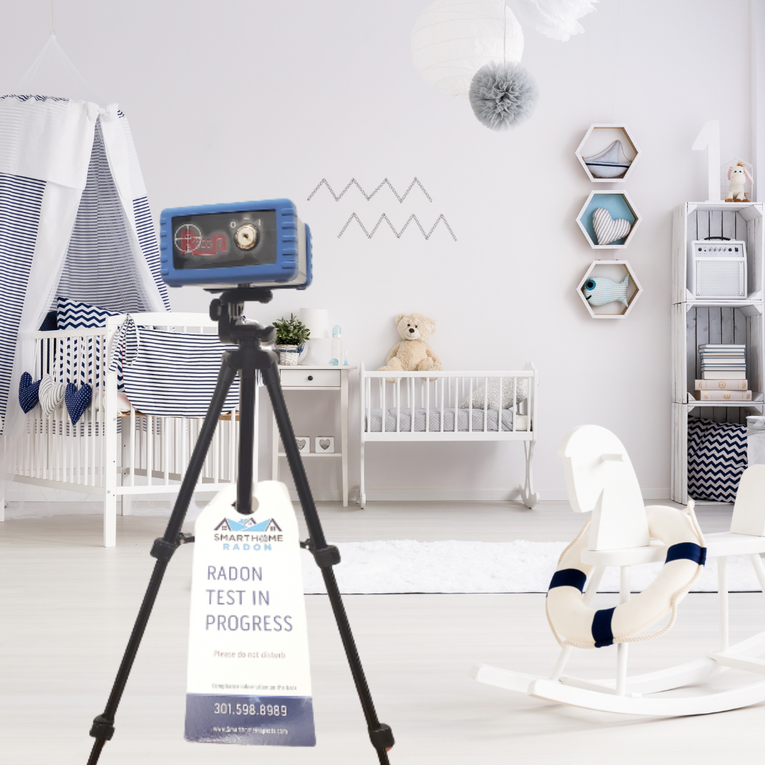 Radon testing equipment in baby's room showing Smart Home Radon professional service